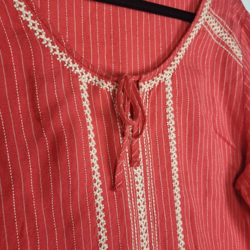 Eddie Bauer Linen Top Women's Large Coral Embroidered Boho Beachy‎ Striped - Picture 5 of 8